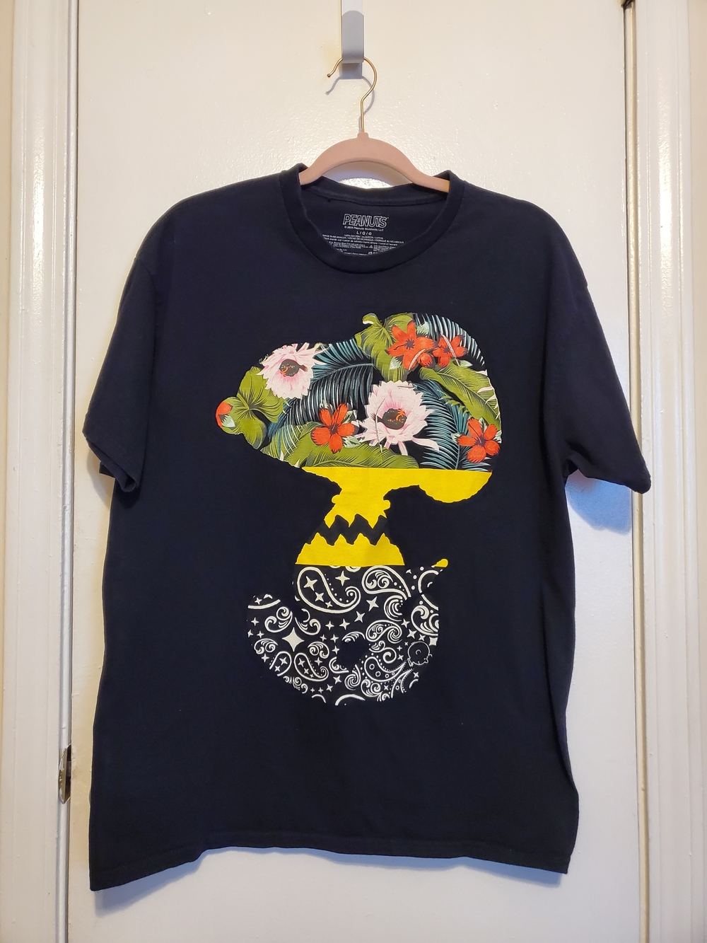 Peanuts Black Short Sleeve Tee with Floral Snoopy Graphic